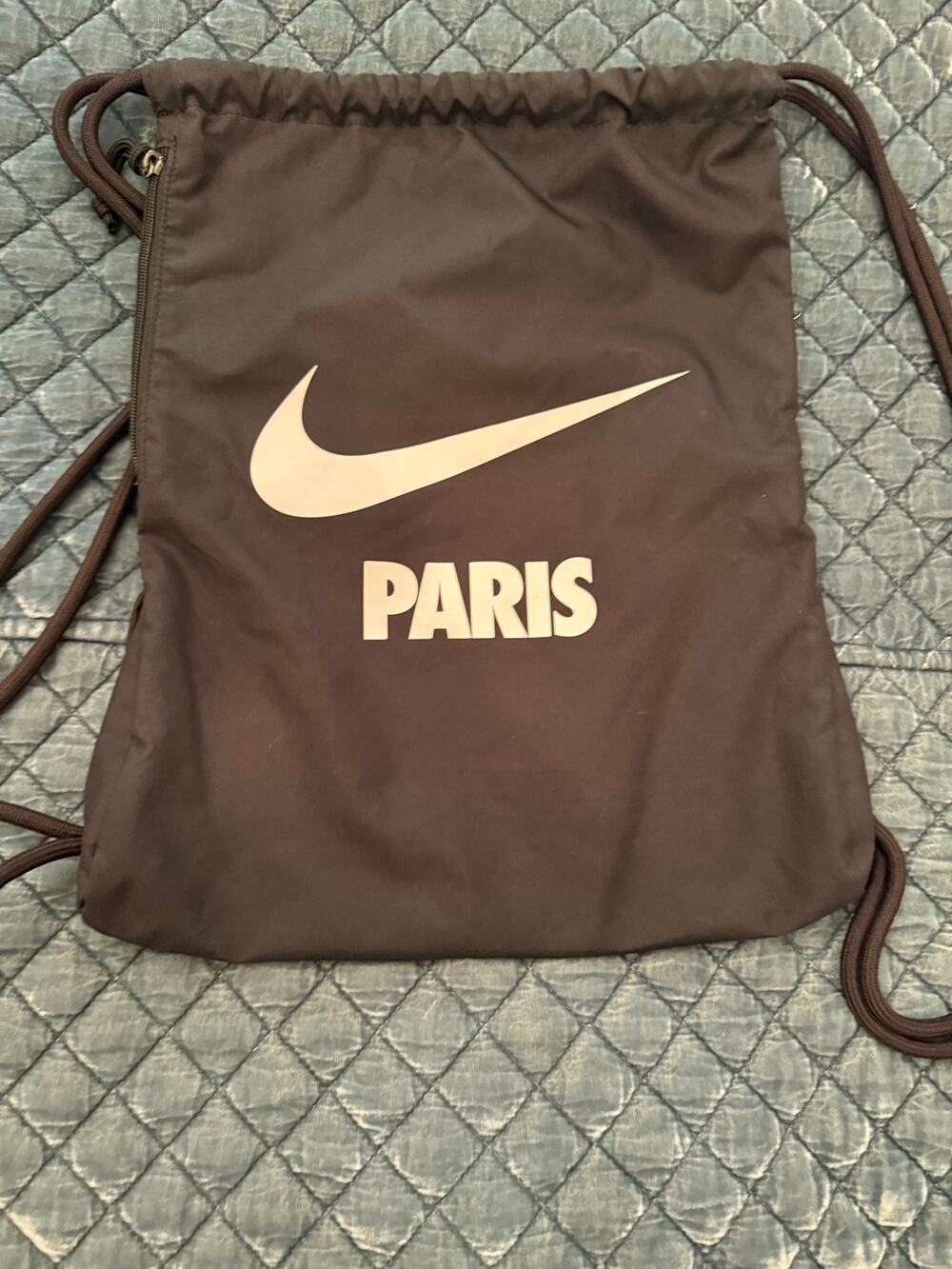 Nike Paris White Swoosh Logo Black drawstring bag backpack